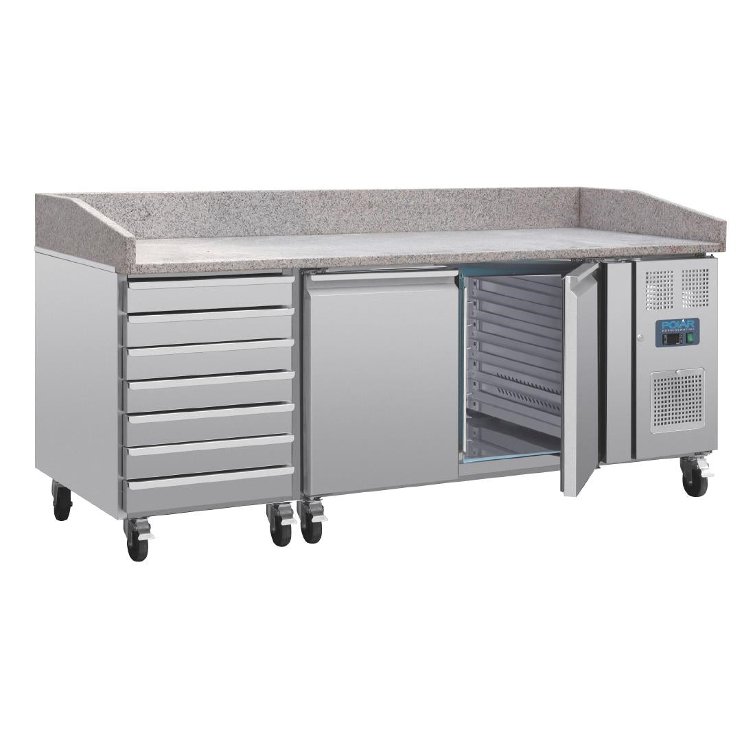 Polar U-Series Double Door Pizza Counter with Granite Top & Dough Drawers 290Ltr