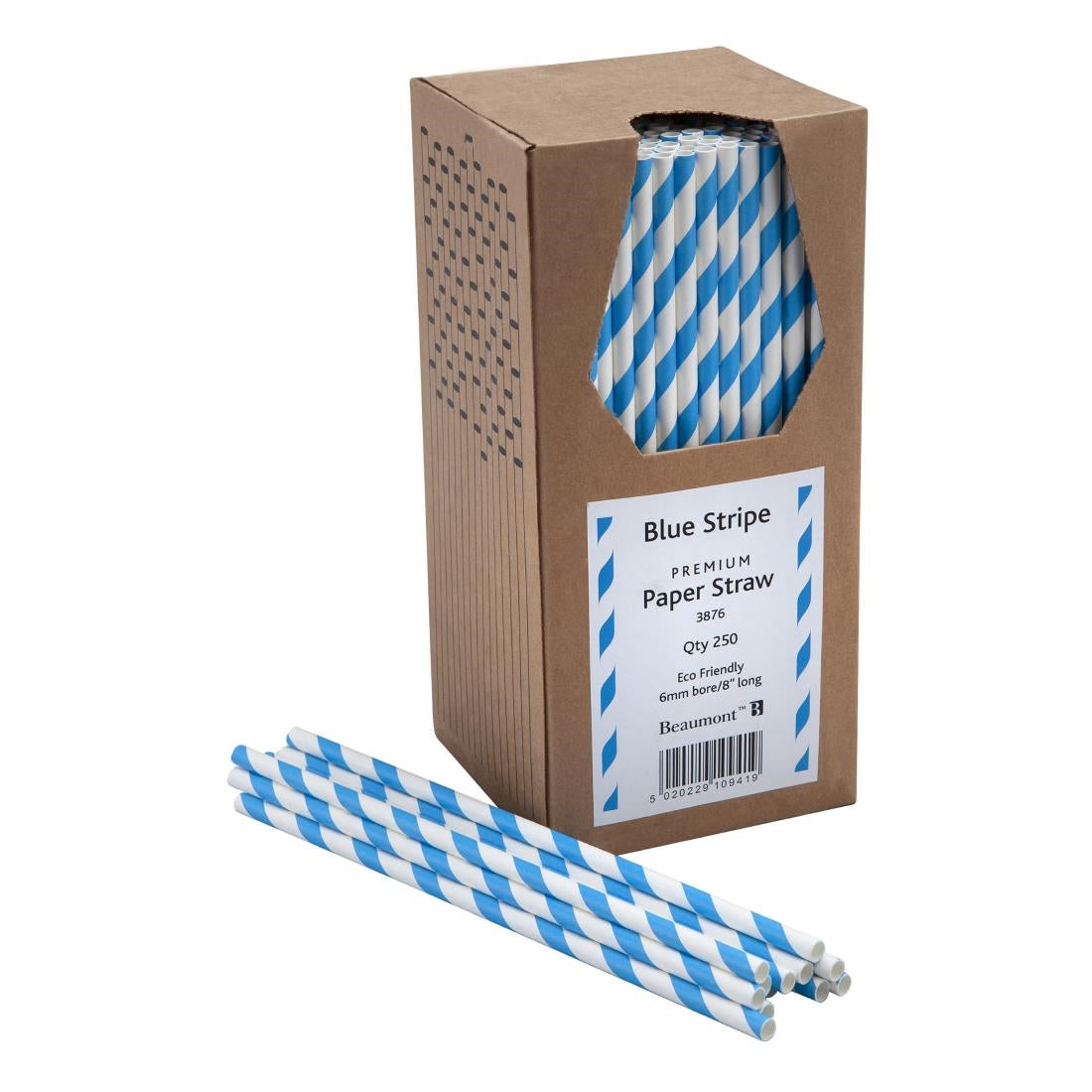 CZ912 Beaumont Blue & White Stripped Bore Paper Straw 8 Inch 6mm (Pack of 250)