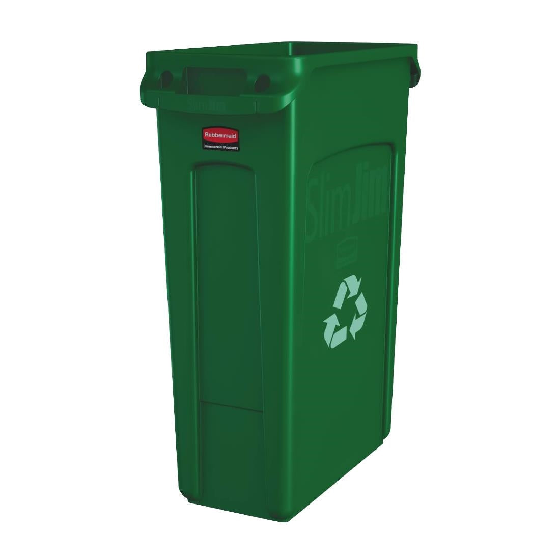 DN856 Rubbermaid Slim Jim with Venting Channels Green with Recycling Logo 87Ltr