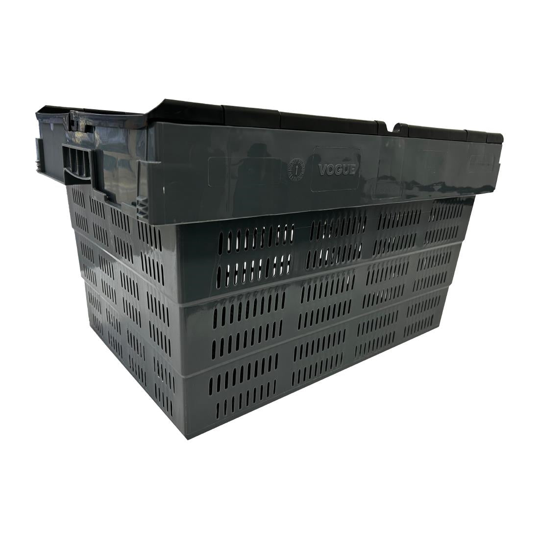 DX996 Vogue Perforated Plastic Transport Storage Crate with Attached Lid 600x400x320mm