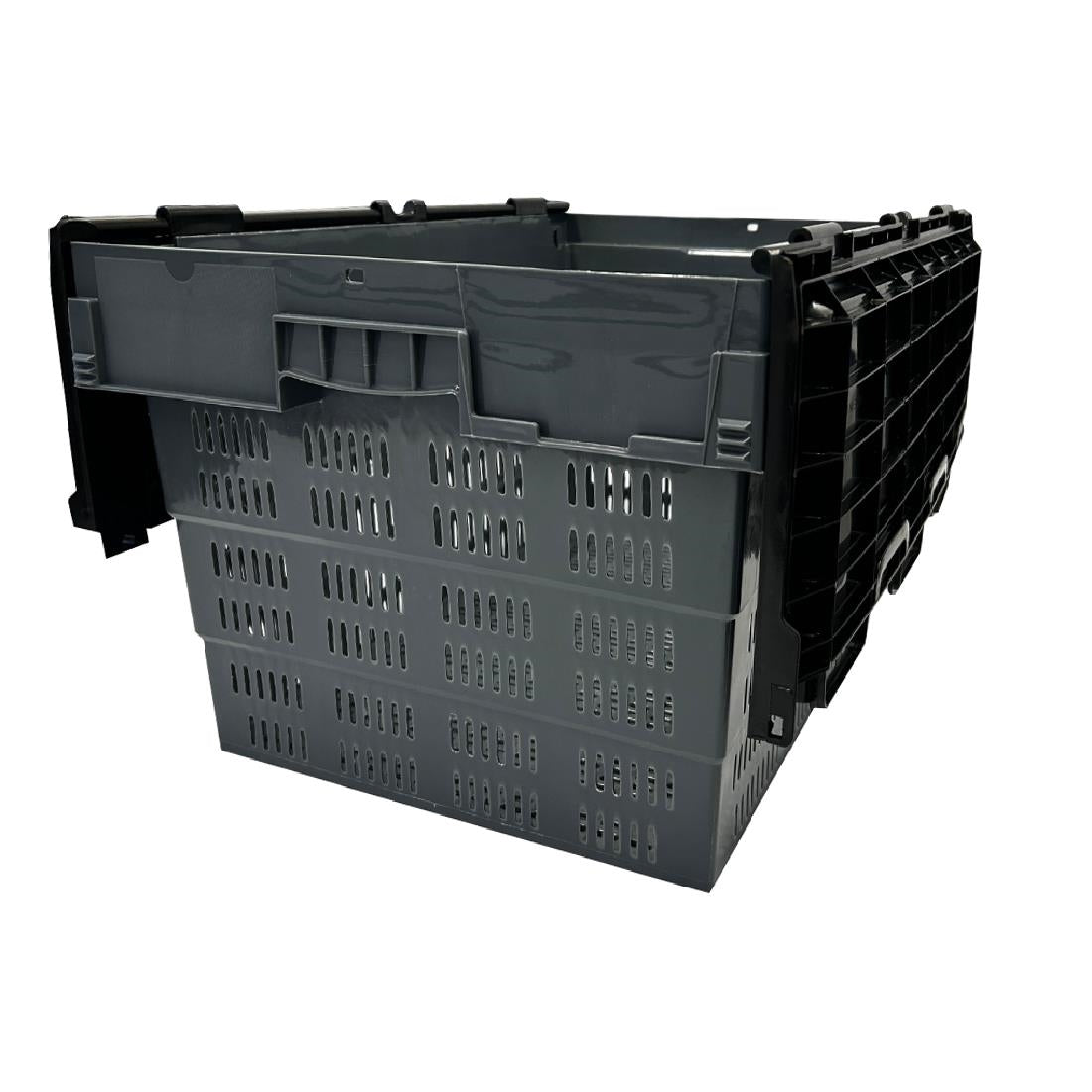 DX996 Vogue Perforated Plastic Transport Storage Crate with Attached Lid 600x400x320mm