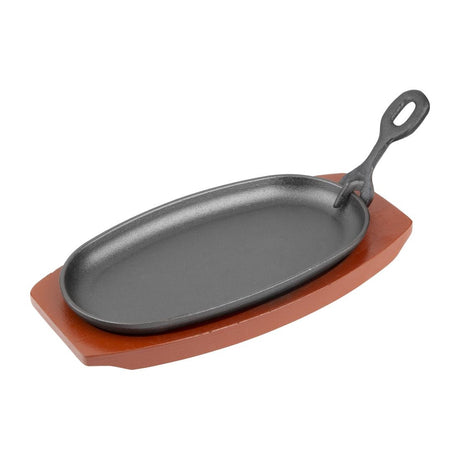 F464 Olympia Cast Iron Oval Sizzler with Wooden Stand 240mm