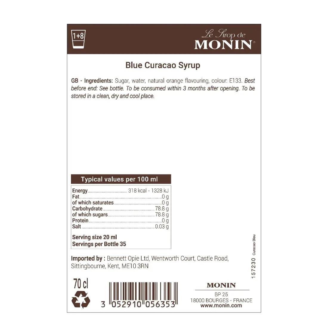 FU441 Monin Premium Blue Curacao Syrup 700ml - JD Catering Equipment Solutions Ltd