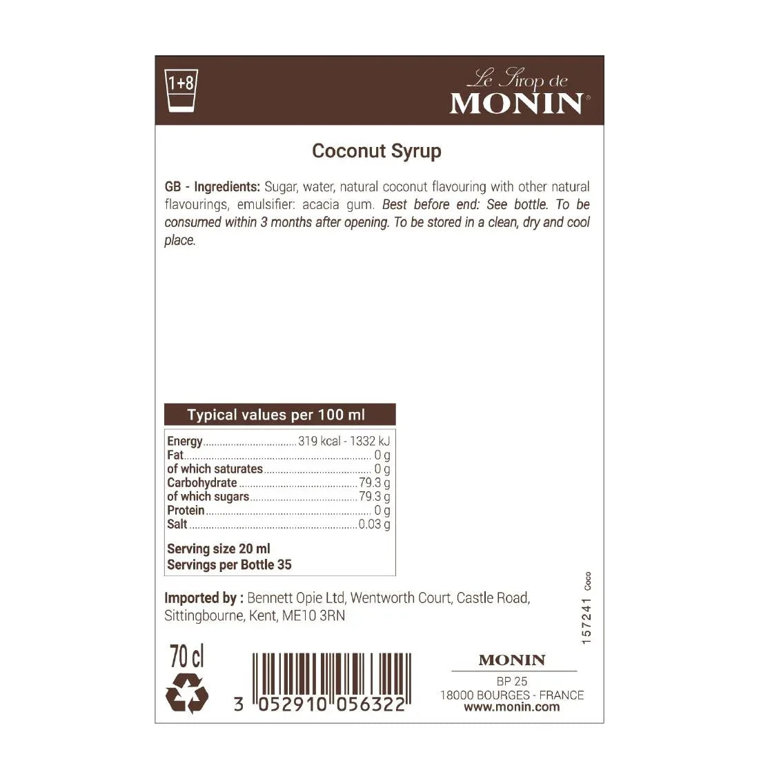 FU444 Monin Premium Coconut Syrup 700ml - JD Catering Equipment Solutions Ltd