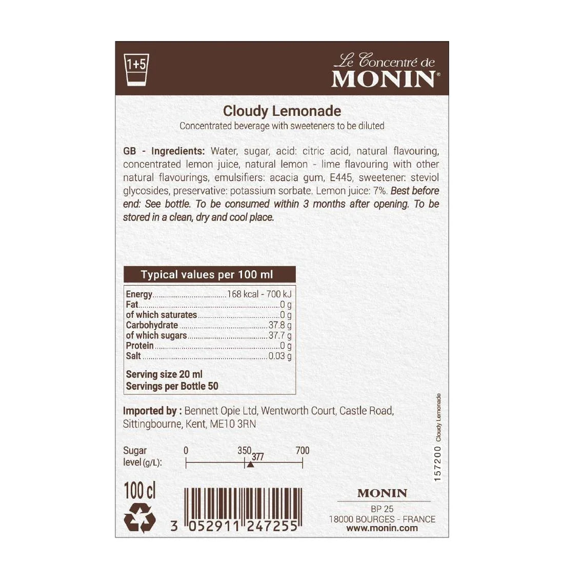 FU454 Monin Premium Cloudy Lemonade Concentrate 1Ltr - JD Catering Equipment Solutions Ltd