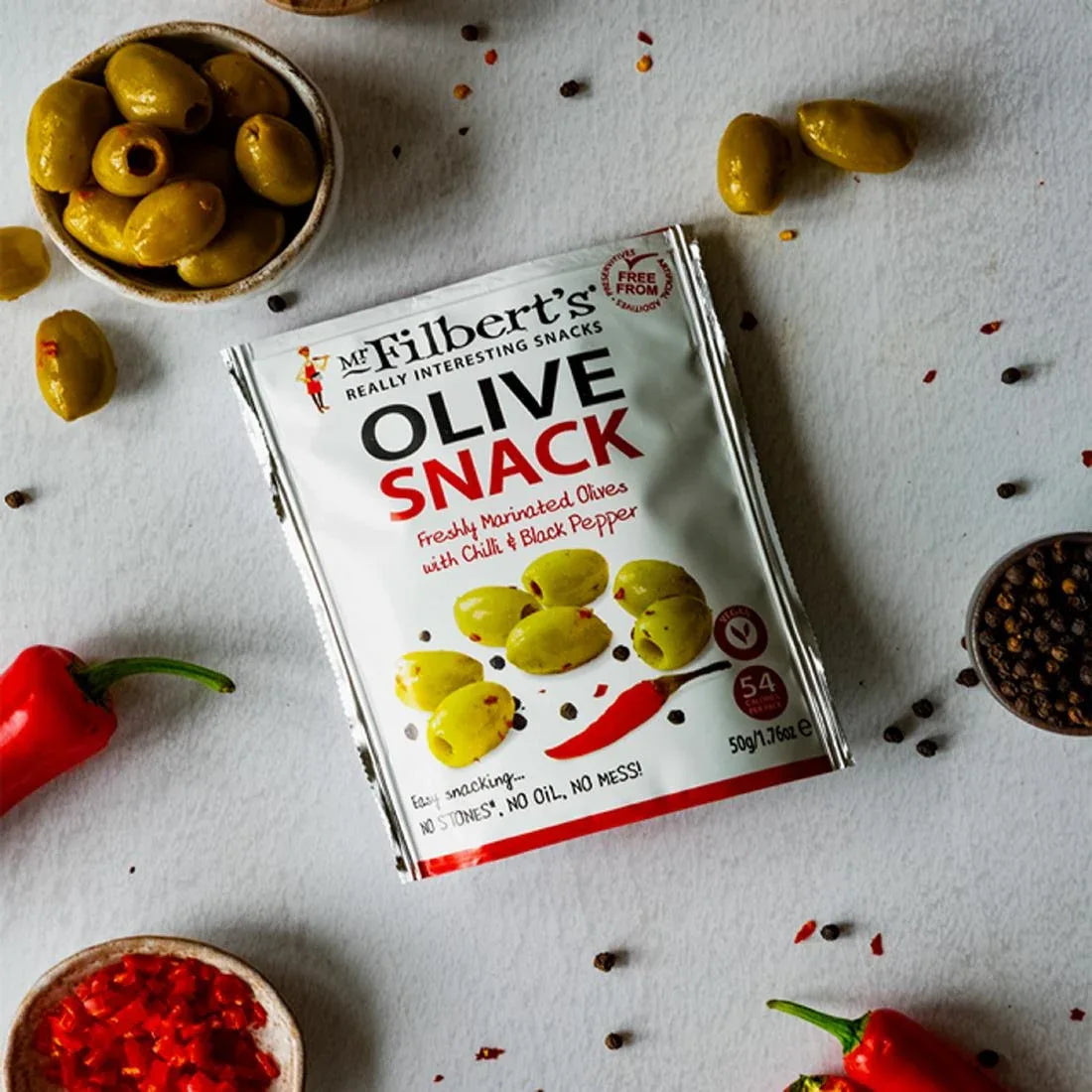 FU482 Mr Filbert's Green Olives Chilli & Black Pepper 50g (Pack of 12) - JD Catering Equipment Solutions Ltd