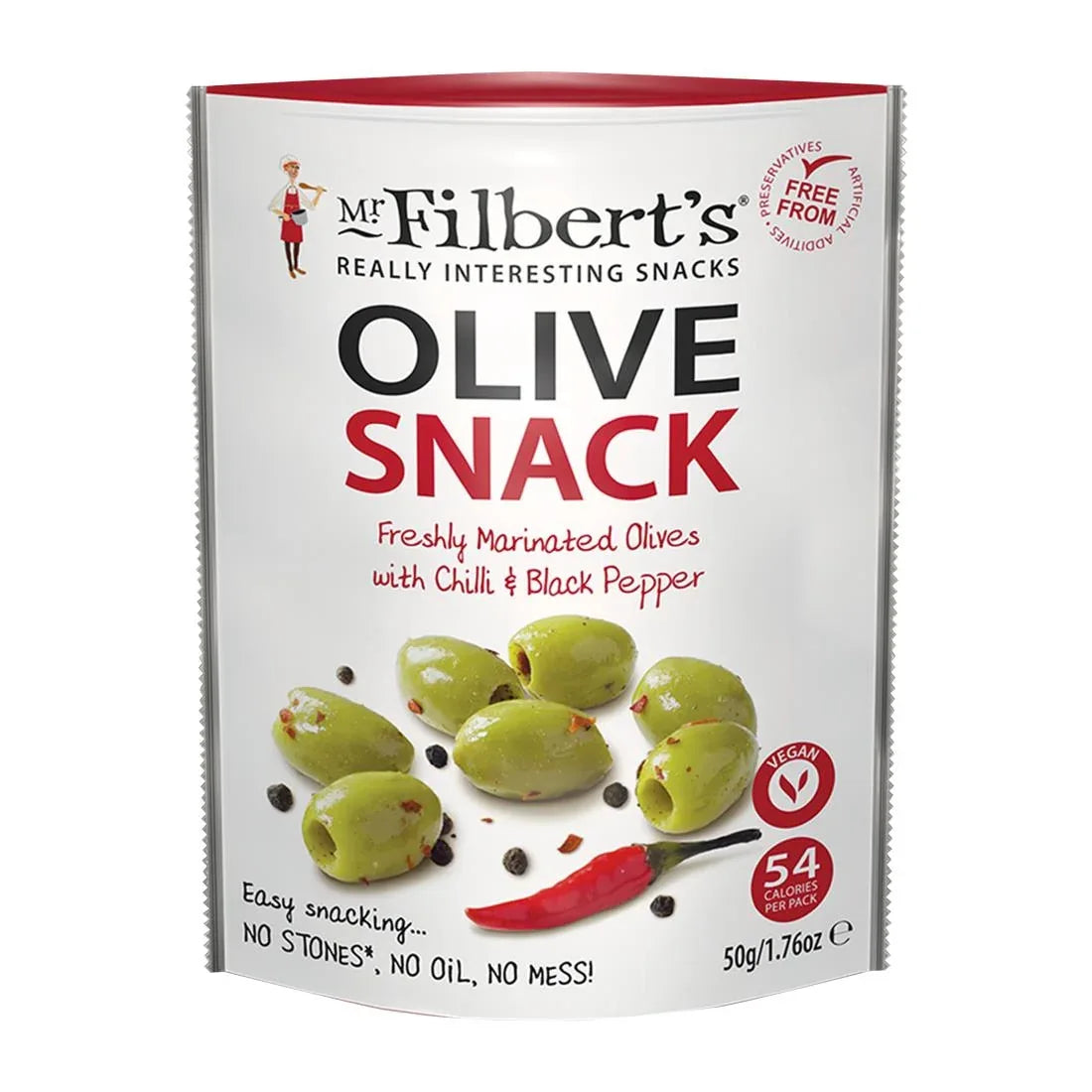 FU482 Mr Filbert's Green Olives Chilli & Black Pepper 50g (Pack of 12) - JD Catering Equipment Solutions Ltd