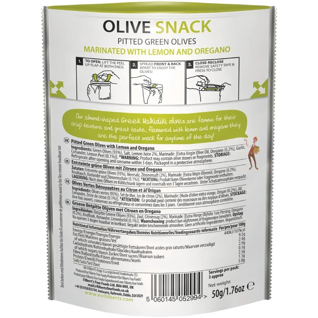 FU483 Mr Filbert's Green Olives Lemon & Oregano 50g (Pack of 12) - JD Catering Equipment Solutions Ltd