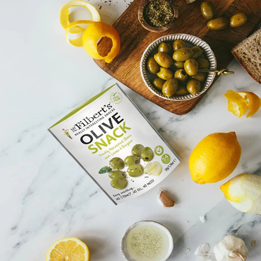 FU483 Mr Filbert's Green Olives Lemon & Oregano 50g (Pack of 12) - JD Catering Equipment Solutions Ltd