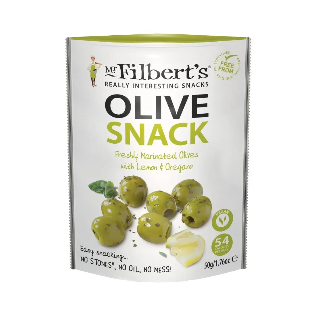 FU483 Mr Filbert's Green Olives Lemon & Oregano 50g (Pack of 12) - JD Catering Equipment Solutions Ltd