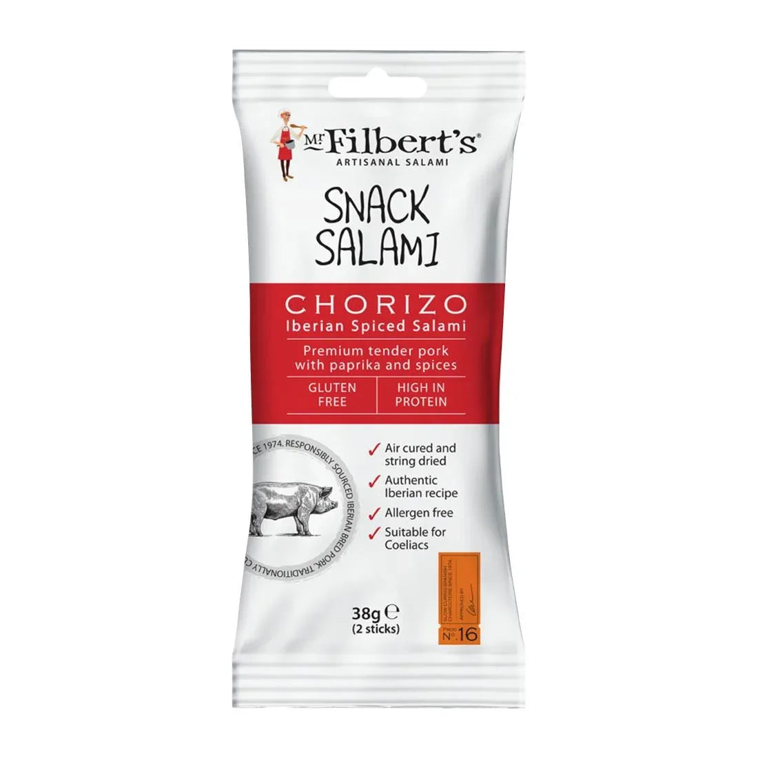 FU485 Mr Filbert's Snack Salami Chorizo 38g (Pack of 15) - JD Catering Equipment Solutions Ltd