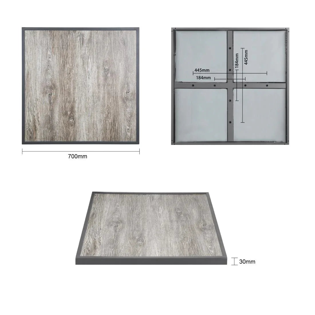 FU515 Bolero Wood Grain Effect Outdoor Tempered Glass Table Top Grey Trim 700mm - JD Catering Equipment Solutions Ltd
