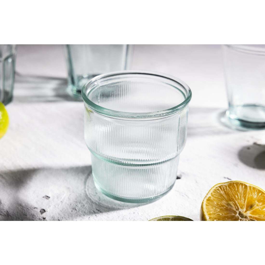 FU597 Olympia Recycled Glass Ribbed Stackable Tumblers 300ml (Pack of 6)