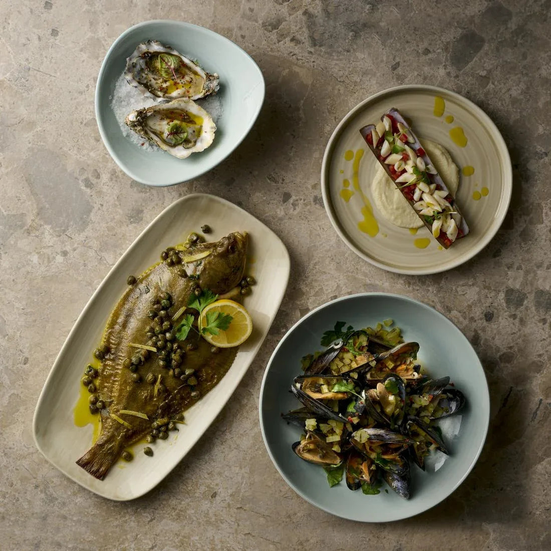 HR358 Churchill Stonecast Canvas Natural Chef's Oblong Plates 350x187mm (Pack of 6) - JD Catering Equipment Solutions Ltd