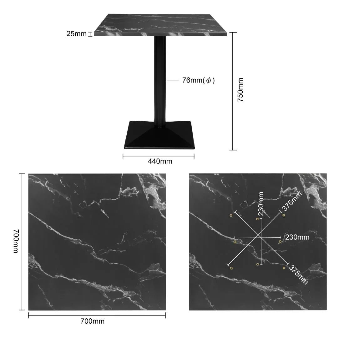 HW851 - Bolero Complete Table Square Black Stone Effect 700mm