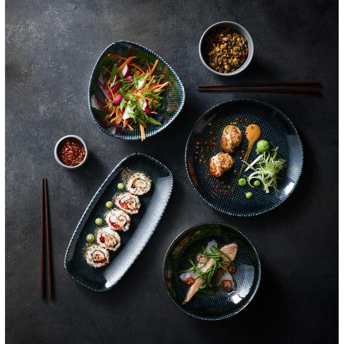 HX100 Churchill Studio Prints Astro Metallic Blue Chefs Oblong Plates 270 x 127mm (Pack of 12)