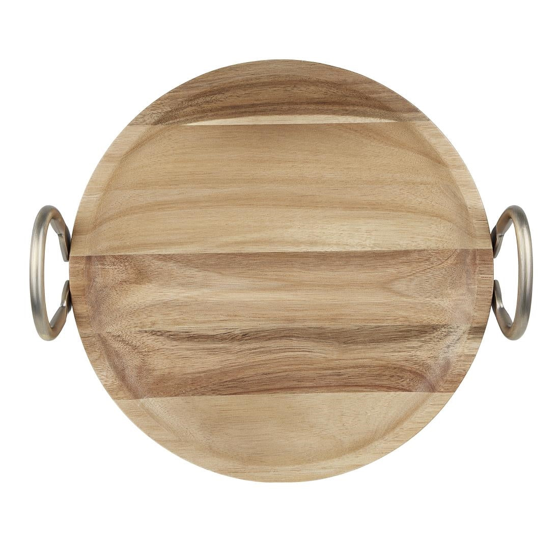HX388 - Olympia Round Dish Acacia Wood With Metal Handles 345x305x80mm