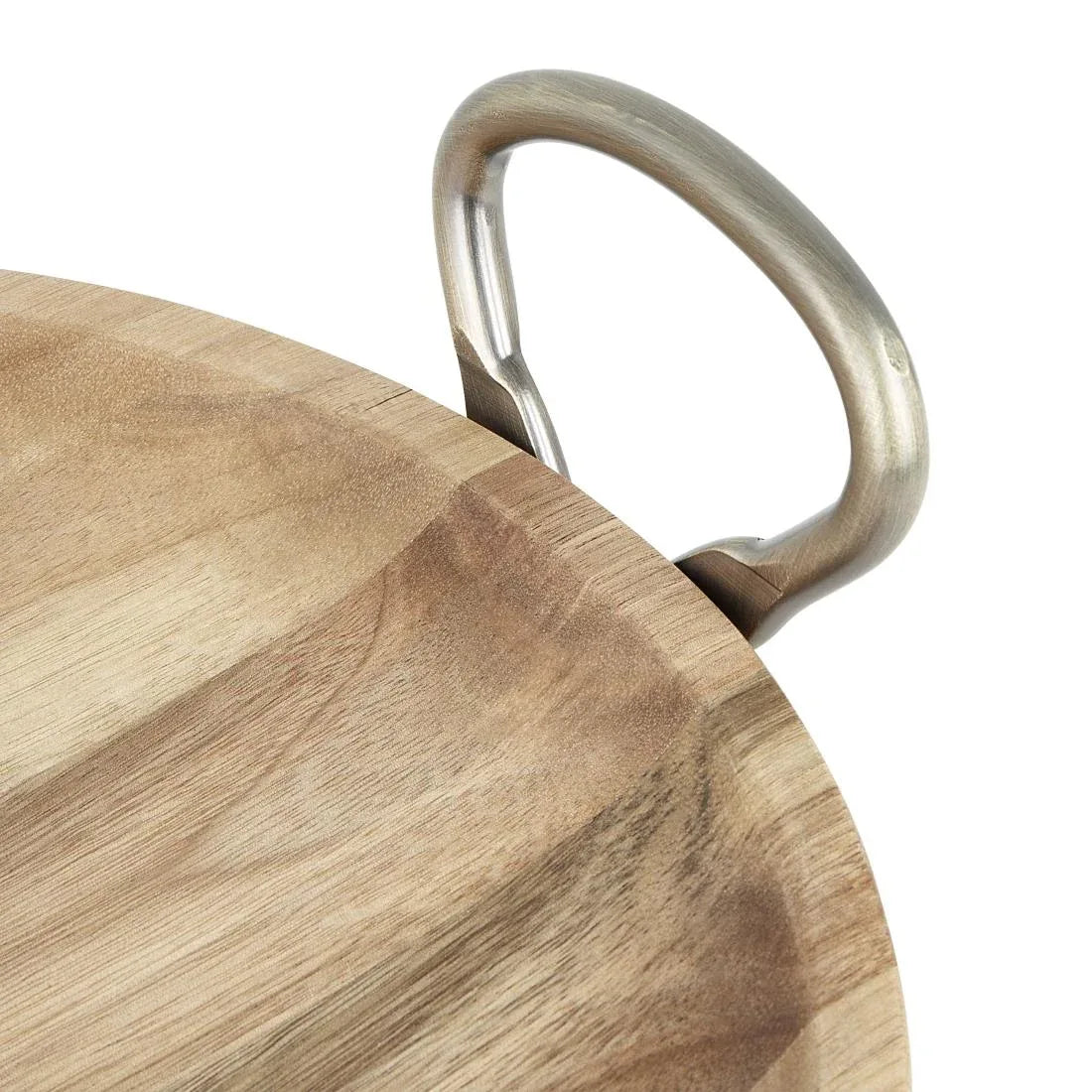 HX388 - Olympia Round Dish Acacia Wood With Metal Handles 345x305x80mm