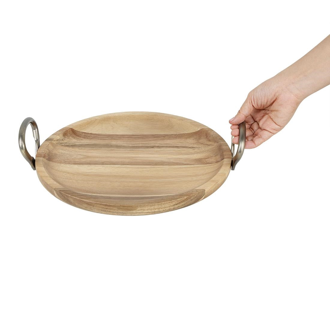 HX388 - Olympia Round Dish Acacia Wood With Metal Handles 345x305x80mm