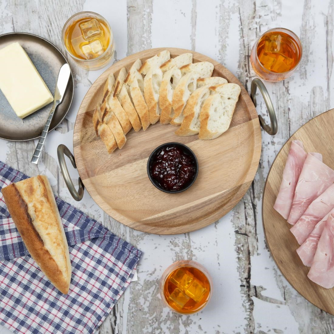 HX388 - Olympia Round Dish Acacia Wood With Metal Handles 345x305x80mm