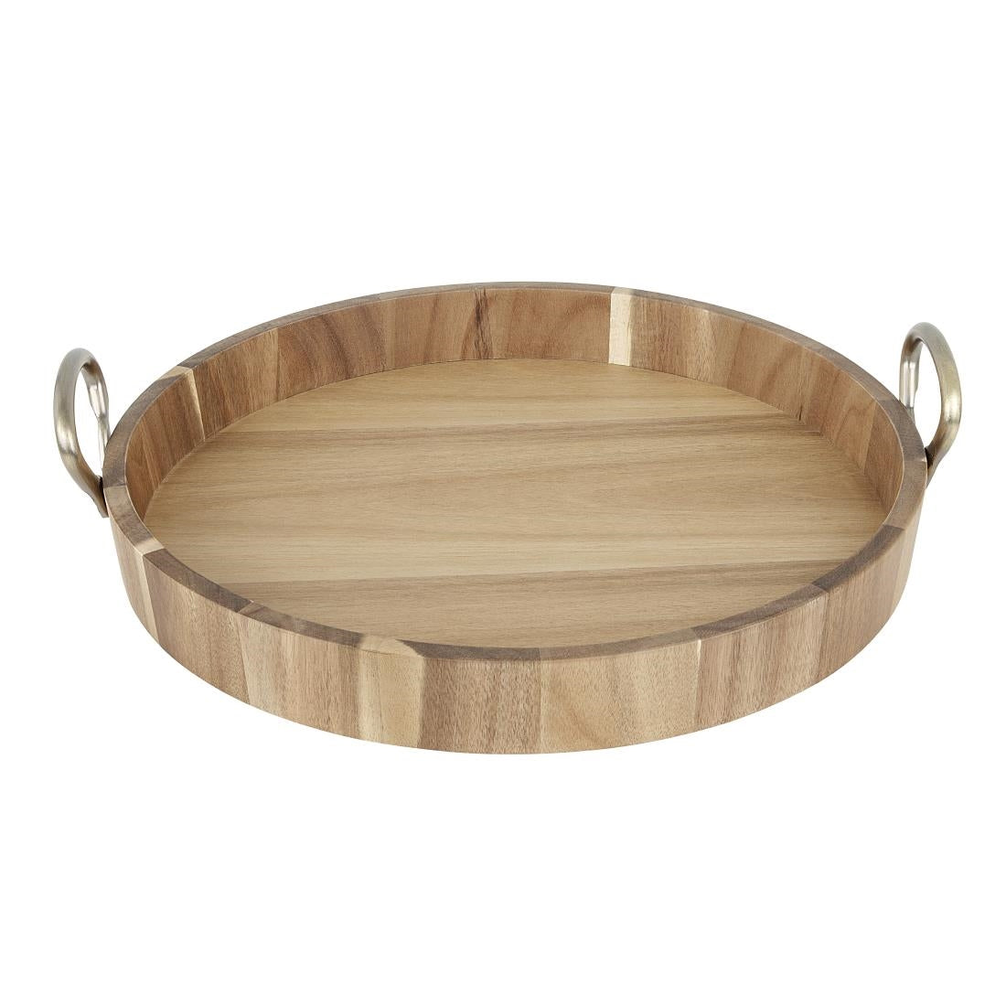 HX393 - Olympia Round Tray Acacia Wood with Metal Handles 440x405x100mm