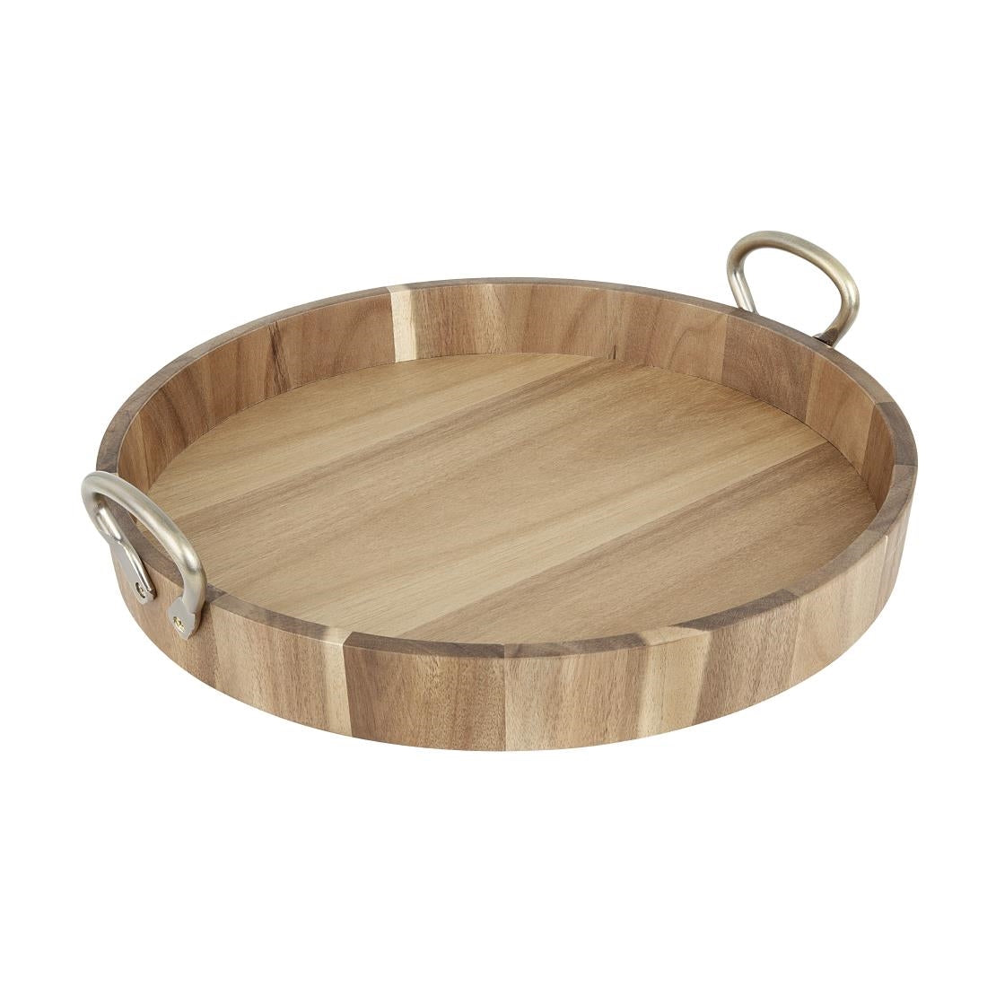 HX393 - Olympia Round Tray Acacia Wood with Metal Handles 440x405x100mm