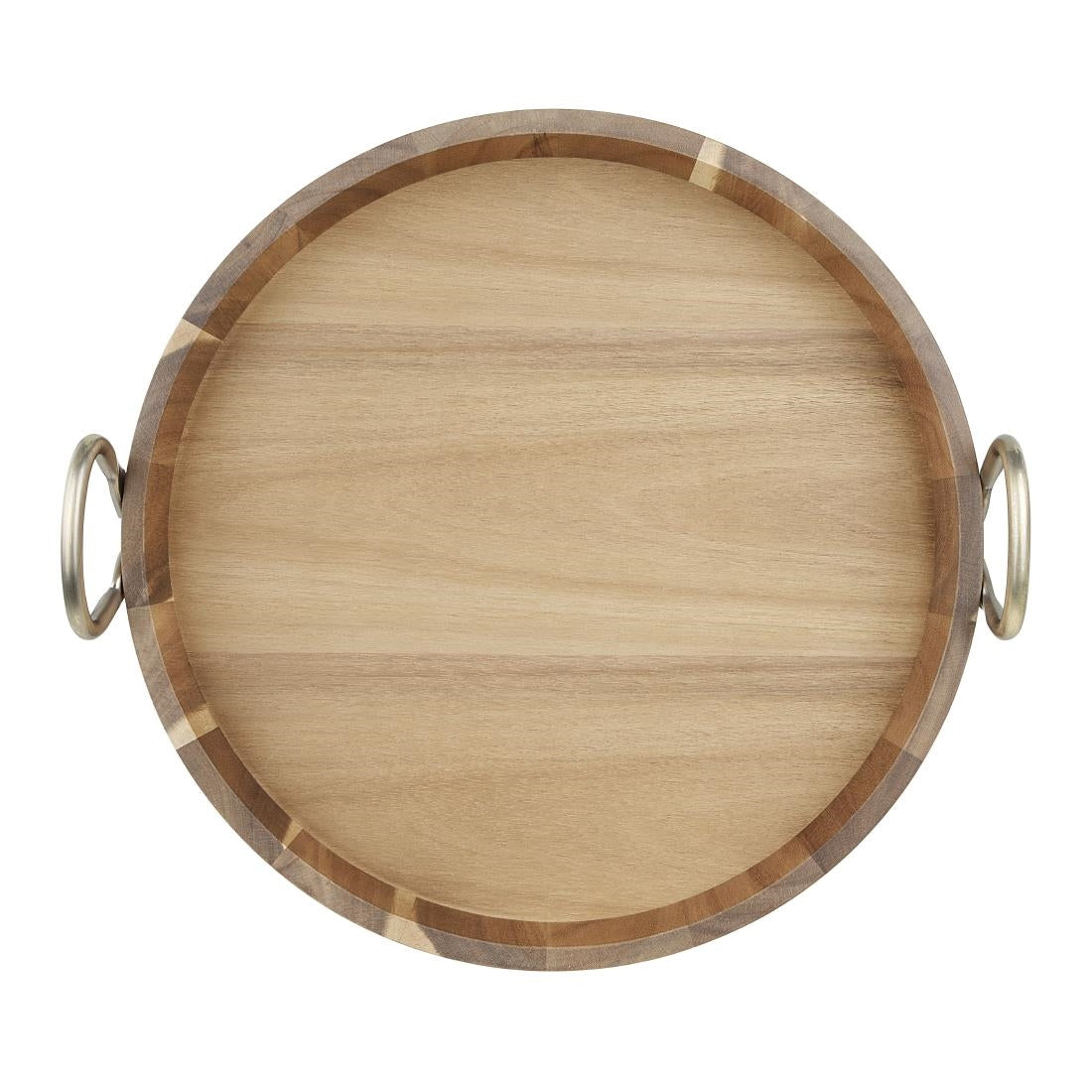 HX393 - Olympia Round Tray Acacia Wood with Metal Handles 440x405x100mm