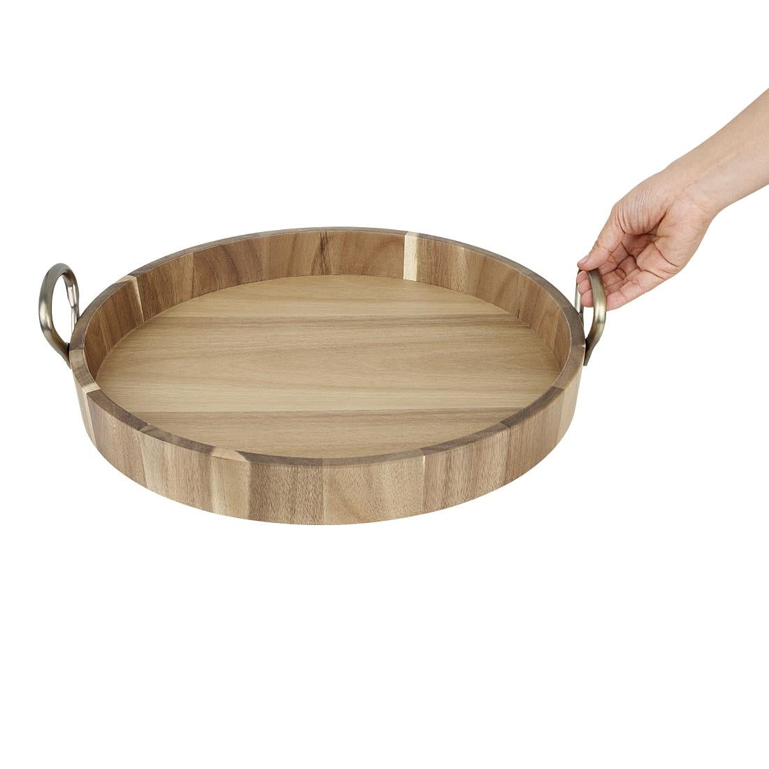 HX393 - Olympia Round Tray Acacia Wood with Metal Handles 440x405x100mm