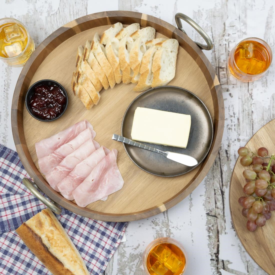 HX393 - Olympia Round Tray Acacia Wood with Metal Handles 440x405x100mm