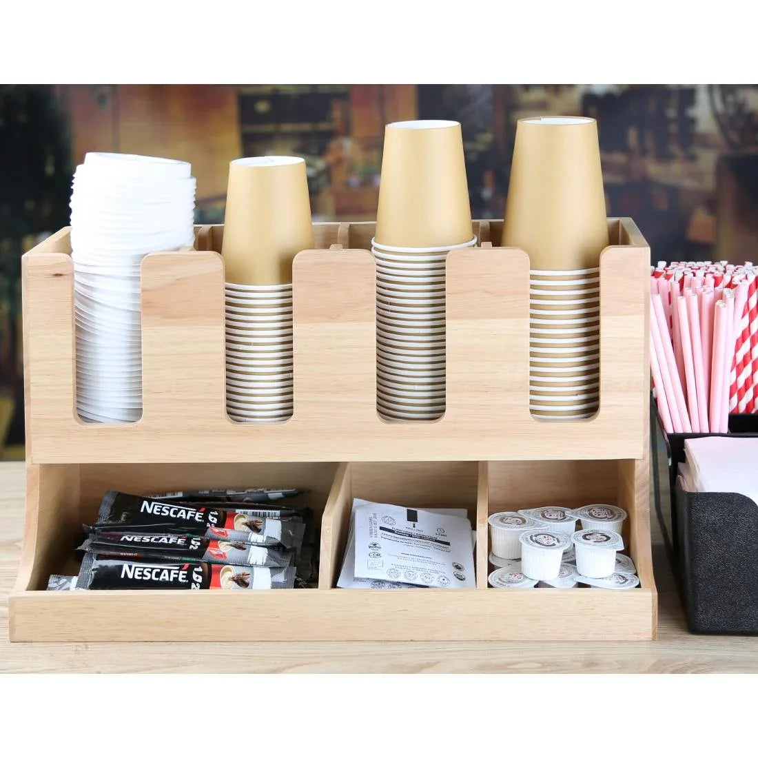 HX395 - Olympia Cup and Condiment Station Hevea Wood 450x120x240mm