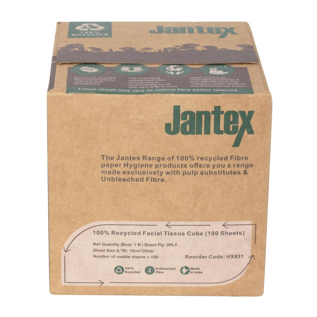 HX931 Jantex Green 100% Recycled Facial Tissue Cube 100 Sheets (36 Pack)