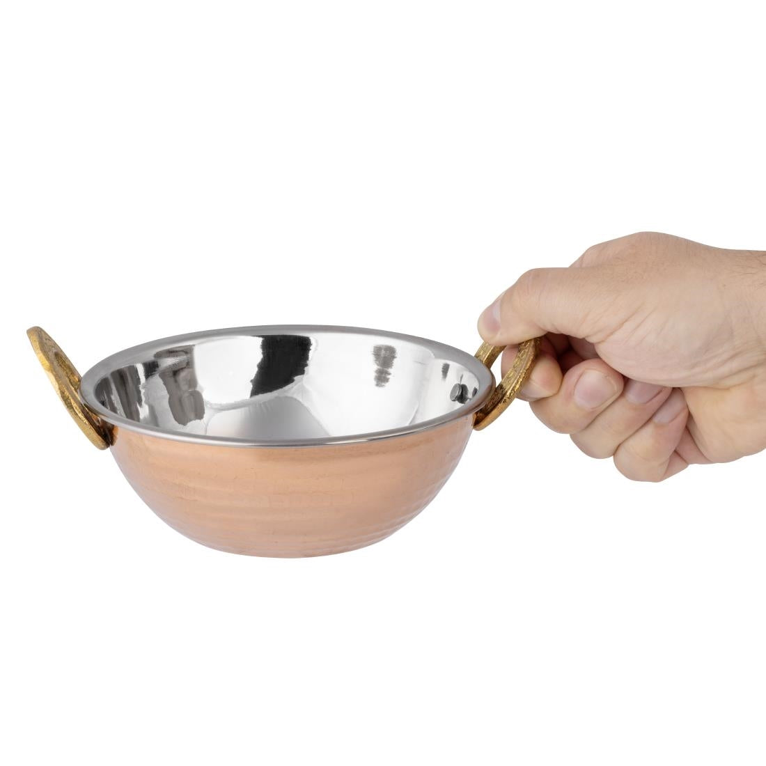 HY128 Olympia Copper Kadai Dish Stainless Steel Brass Handles 400ml