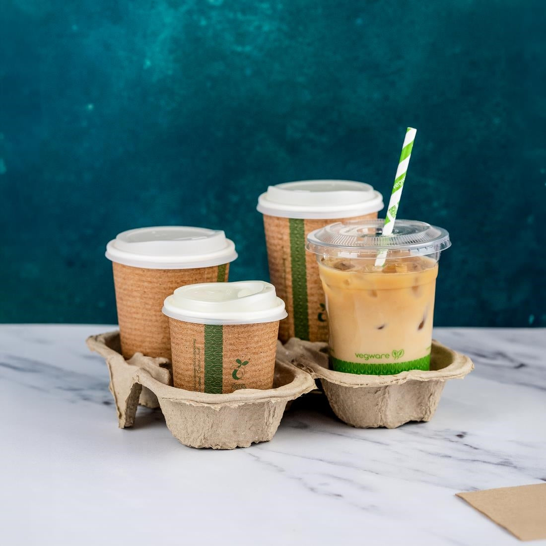 HZ938 Vegware Moulded Pulp Fibre Splitable 4-Cup Carry Trays (160 Pack)