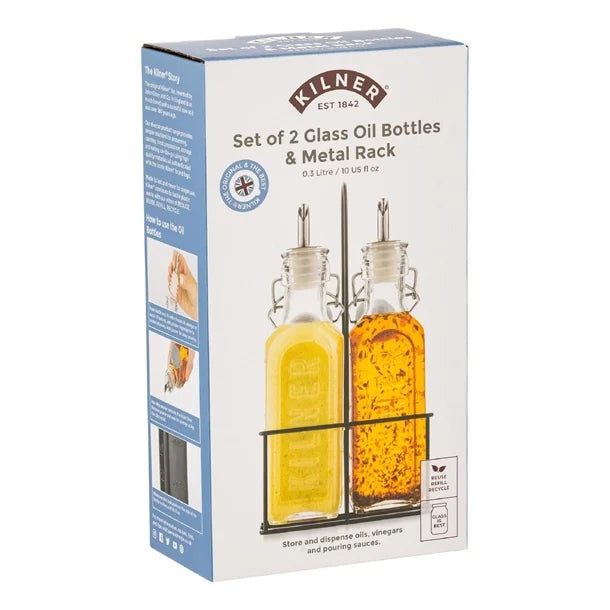 JA611 - Kilner Oil Bottles and Metal Rack 300ml (Pack 2)