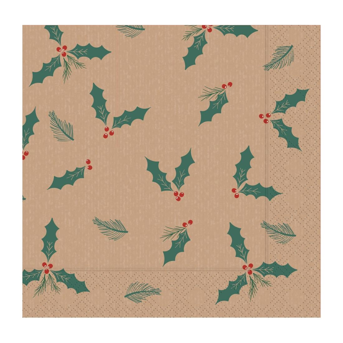 JE987 Swantex Lunch Napkin Kraft Jolly Holly 33x33cm 2ply 1/4 Fold (Pack 2000)
