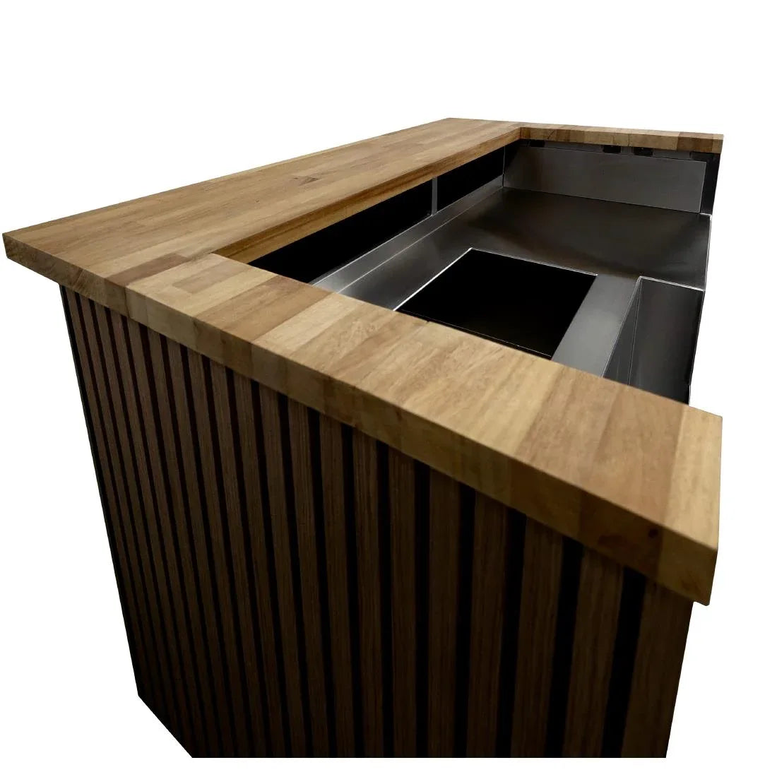 JK035 Parry Events Bar with Iroko wood bar top and oak clad front/sides (Direct)