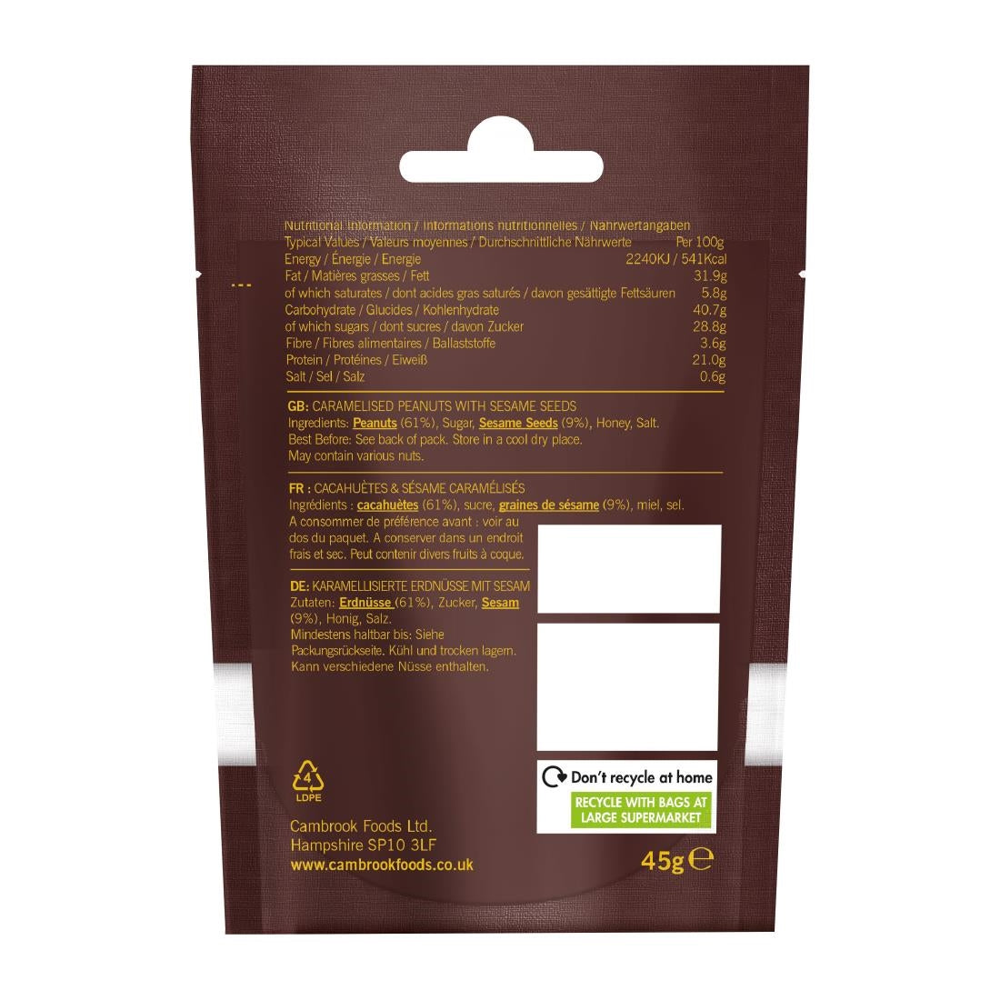 KA480 Cambrook Caramelised Sesame Peanuts Snack Pack 45g (Pack of 12)