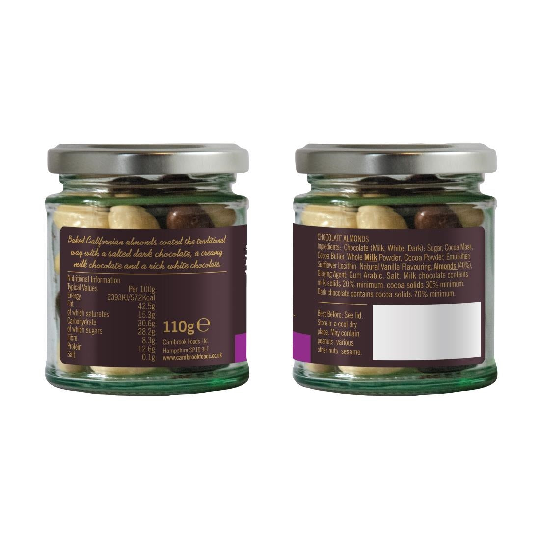 KA487 Cambrook Dark, Milk & White Chocolate Almonds Glass Jar 110g (Pack of 15)