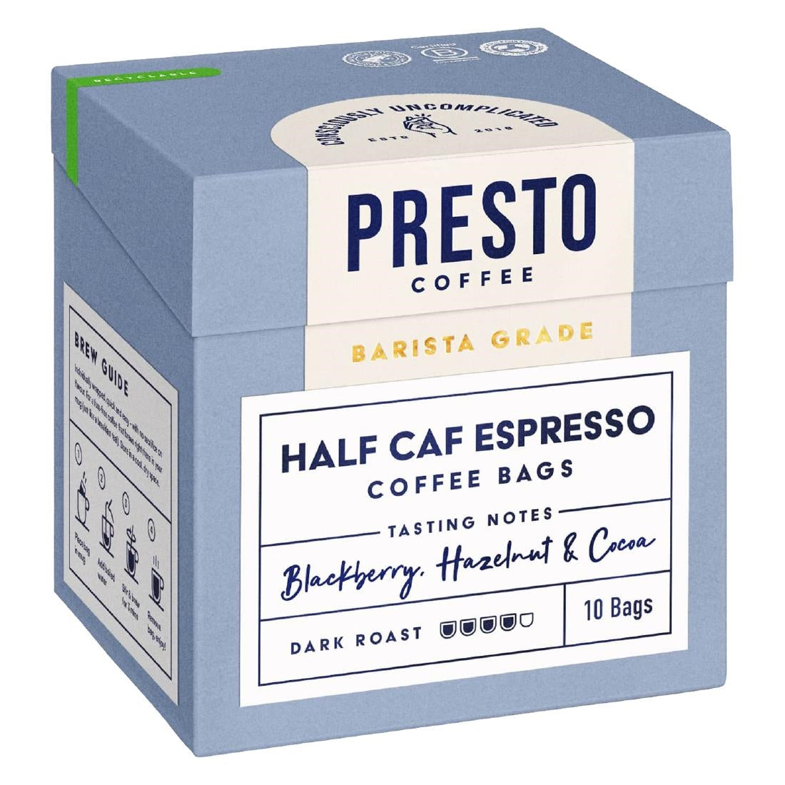 KA737 Presto Coffee Half Caf Espresso Coffee Bags Enveloped 8g (10 Pack)