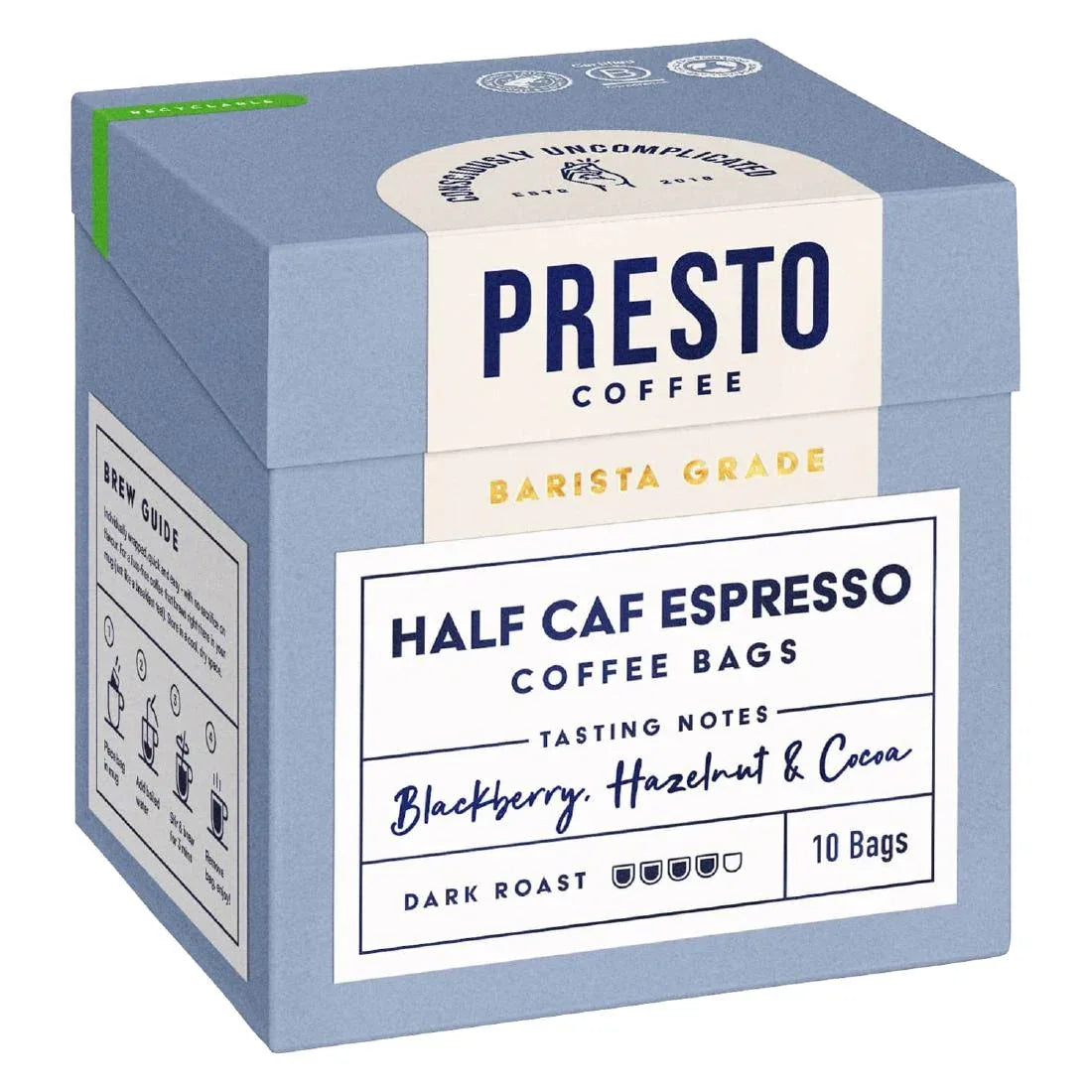 KA737 Presto Coffee Half Caf Espresso Coffee Bags Enveloped 8g (10 Pack)