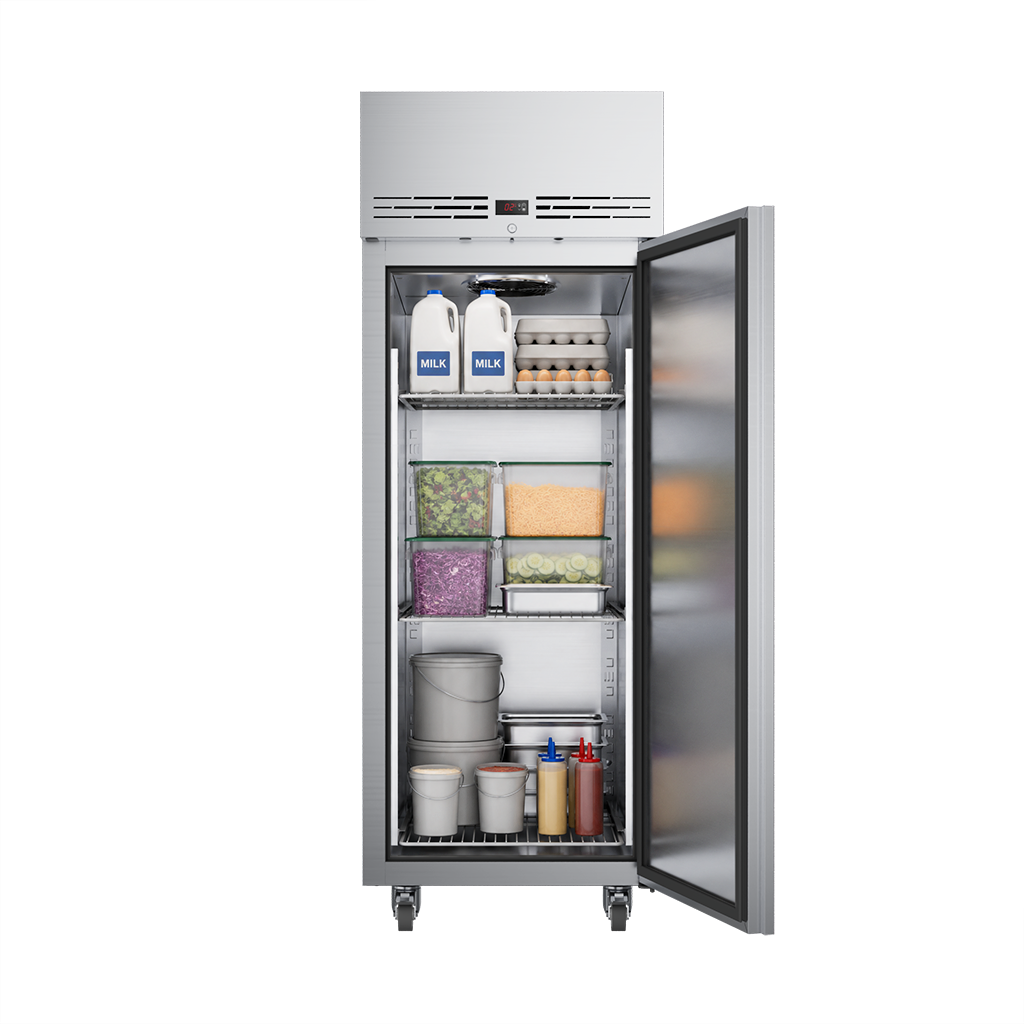 KORE KU1H 600 Litre Refrigerator – Right-Hand Hinge (50-101) — loaded interior illustration; contents not included