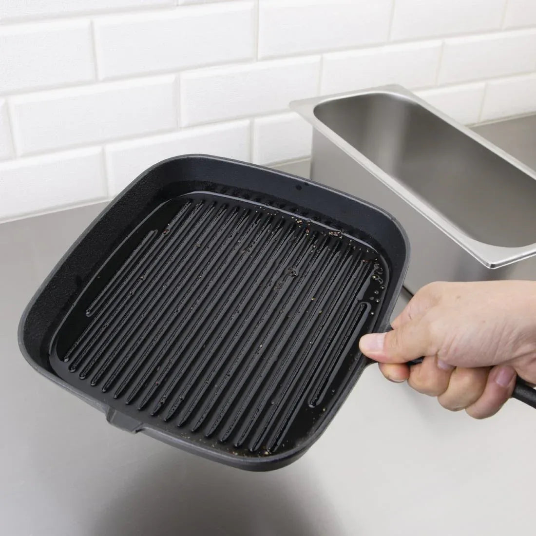 M653 Vogue Square Cast Iron Ribbed Skillet Pan - JD Catering Equipment Solutions Ltd