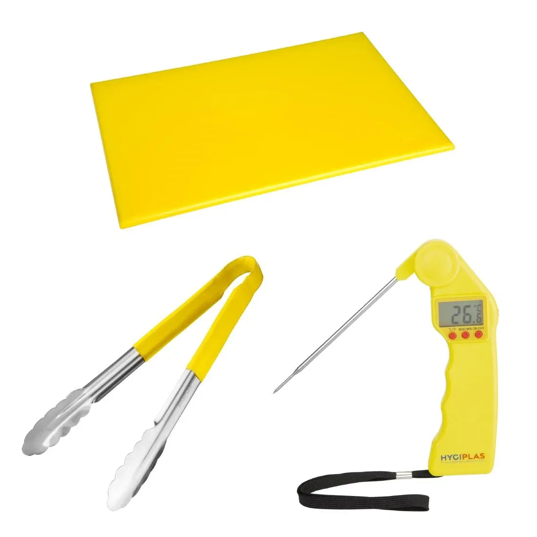 SA790 Hygiplas Colour Coded Yellow Set - Tong Chopping Board & Thermometer (Set of 3)