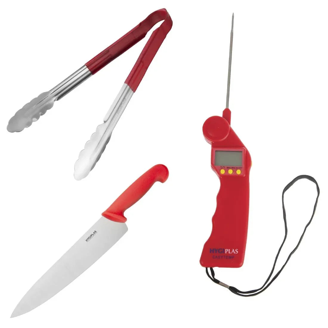 SA792 Hygiplas Colour Coded Red Set - Tong Chopping Board & Thermometer (Set of 3)