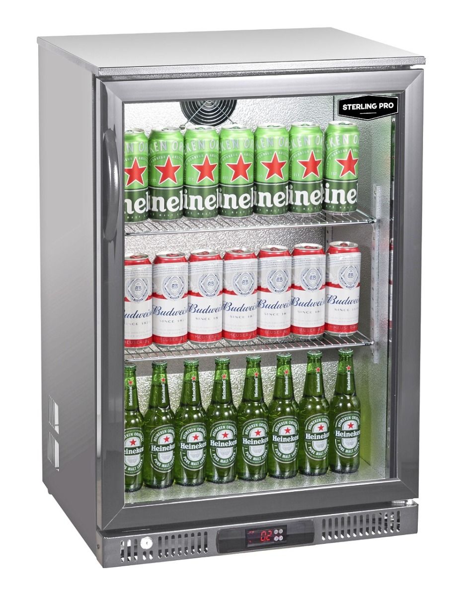 Sterling Pro Green SP1LO-OUT-STS Hinged Single Door Low Height Stainless Steel Outdoor Bottle Cooler, 106 x 330ml Bottles