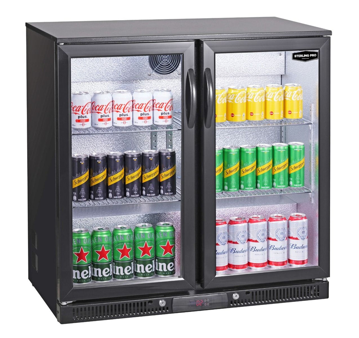 Sterling Pro Green SP2LO-OUT-BK Hinged Double Door Low Height Black Outdoor Bottle Cooler, 180 x 330ml Bottles