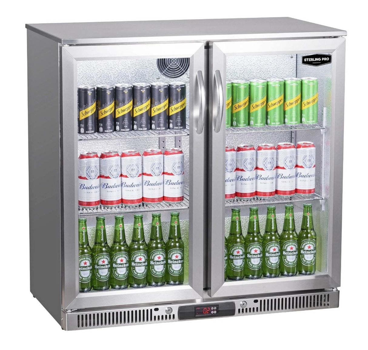 Sterling Pro Green SP2LO-OUT-STS Hinged Double Door Low Height Stainless Steel Outdoor Bottle Cooler, 180 x 330ml Bottles
