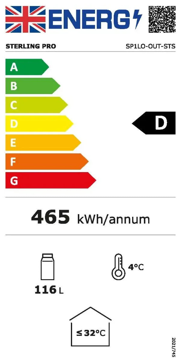 Sterling Pro Green SP1LO-OUT-STS Hinged Single Door Low Height Stainless Steel Outdoor Bottle Cooler, 106 x 330ml Bottles