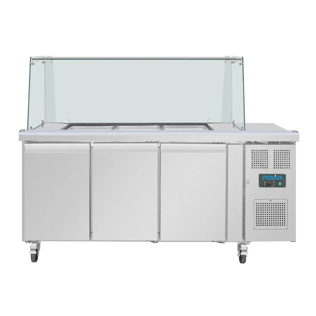 UA018 Polar U-Series GN Saladette Counter with Square Sneeze Guard 3 Door - JD Catering Equipment Solutions Ltd