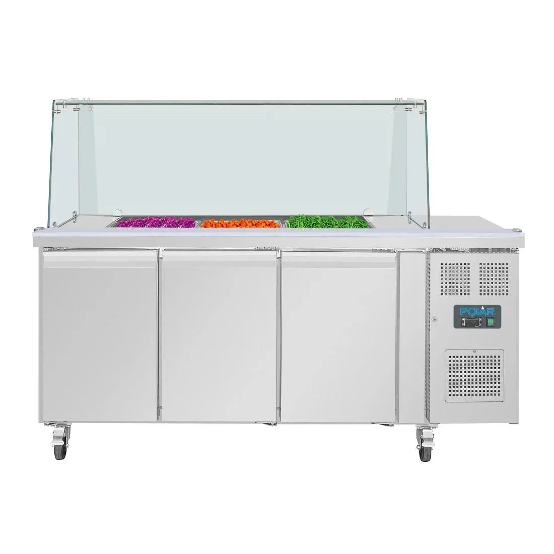 UA018 Polar U-Series GN Saladette Counter with Square Sneeze Guard 3 Door - JD Catering Equipment Solutions Ltd
